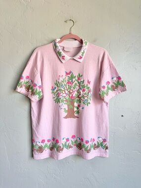 80’s Vintage Spumoni Puff Print Collared T-Shirt Medium Easter Spring Animals